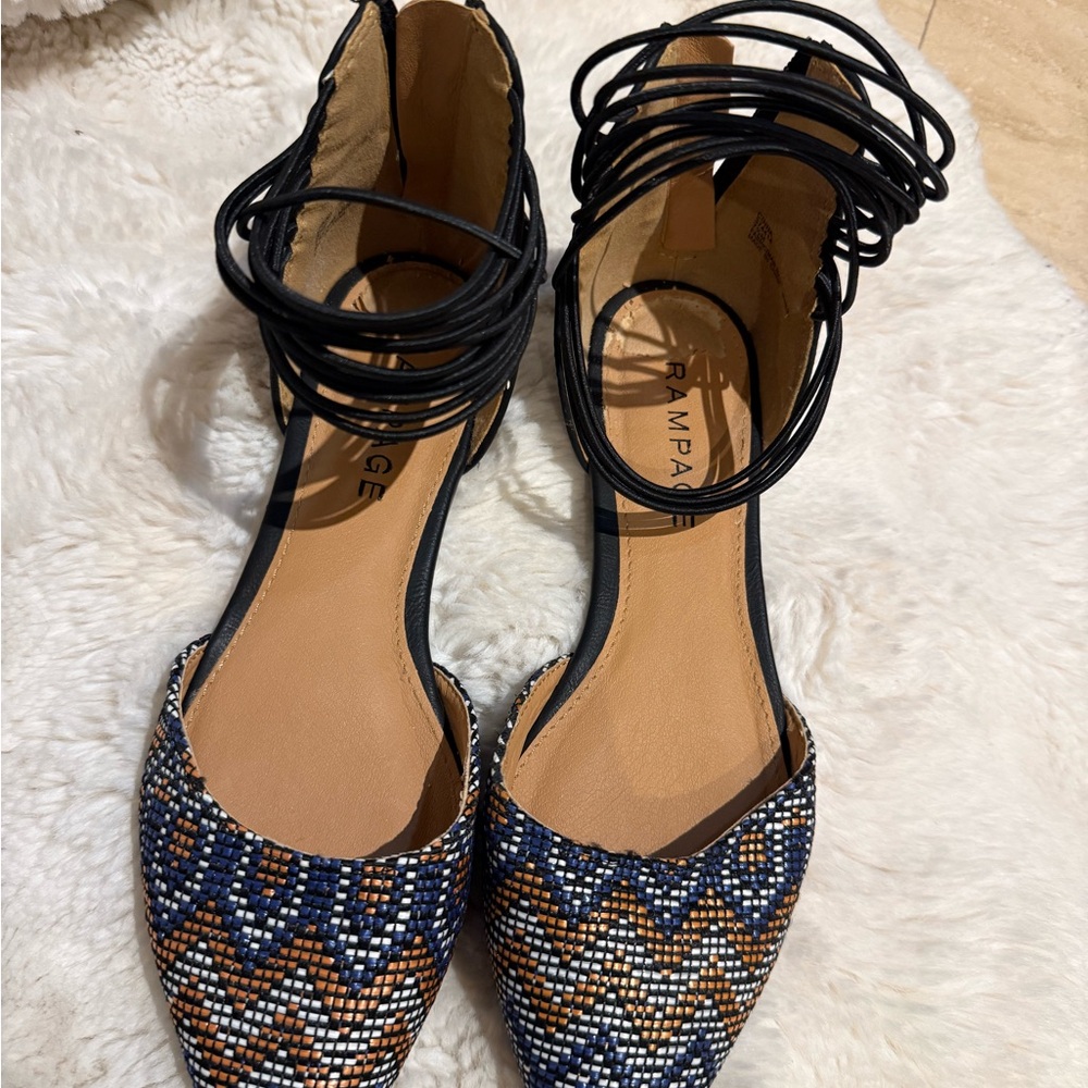 Rampage Beaded Zigzag Flats in Navy and Brown with Black Ankle Wraps
